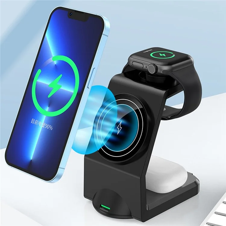 WT158 Cargador inalámbrico magnético 3 en 1 de 15 W, soporte de carga multifuncional para teléfono, auricular y reloj