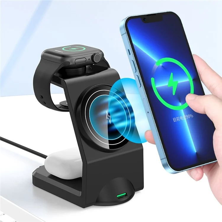 WT158 Cargador inalámbrico magnético 3 en 1 de 15 W, soporte de carga multifuncional para teléfono, auricular y reloj