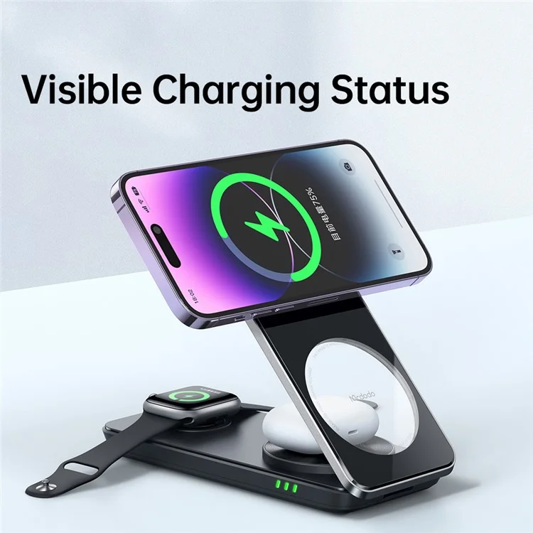 MCDODO CH-115 Chargeur Sans Fil Magnétique 3-en-1 Strong Adsorption Pliage Fast Charging Stand Iphone 12 / 13 / Téléphones Mobiles 14 de la Série - le Noir