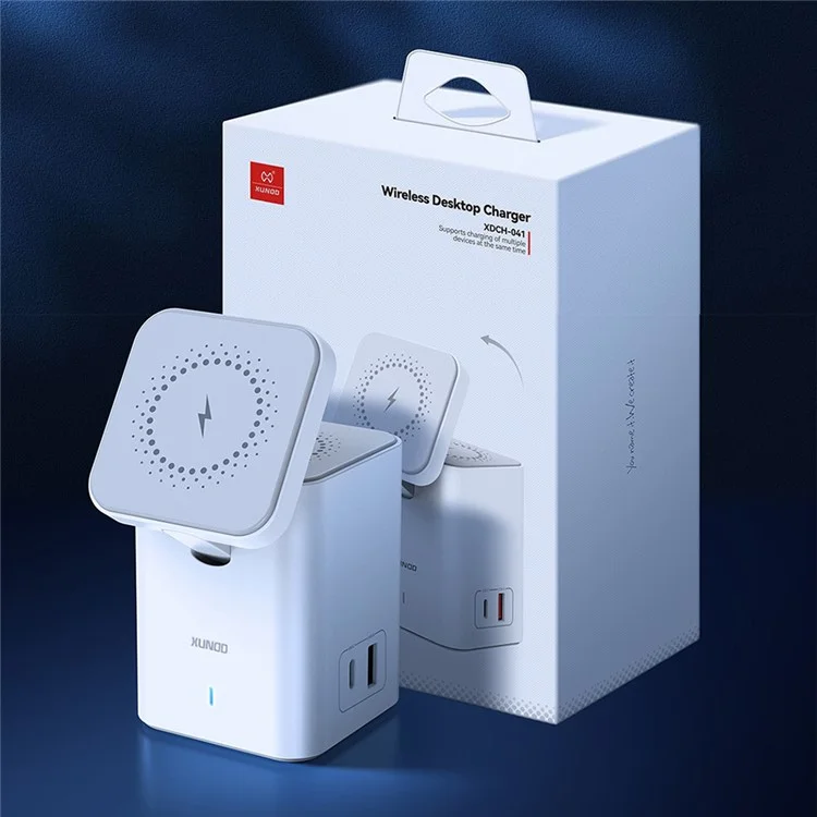 XUNDD 041 4-in-1 Magnetic Wireless Charger 60-Degree Adjustable Charging Station with USB-A + Type-C Ports for Cell Phones, Headset
