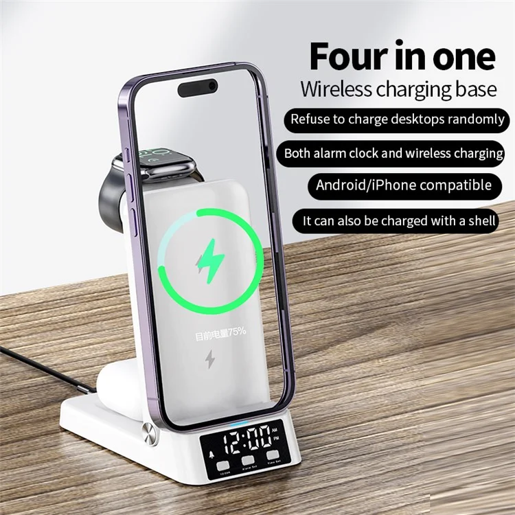 Cargador inalámbrico plegable de 4 en 1 de 15 W A60 para teléfono móvil, estación de carga para auriculares y reloj inteligente con reloj (para Apple Watch versión) - Negro