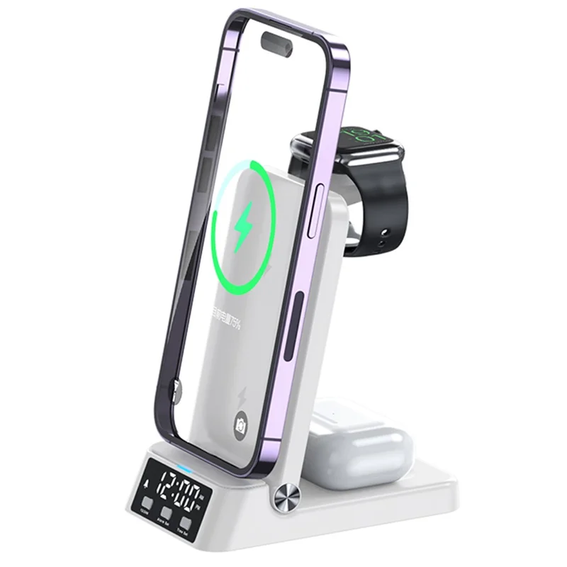 A60 4-in-1 15W Wireless Charger Folding Cell Phone Charging Stand with Clock Bluetooth-compatible Earbuds Smart Watch Charging Station (For Samsung Watch Version) - White