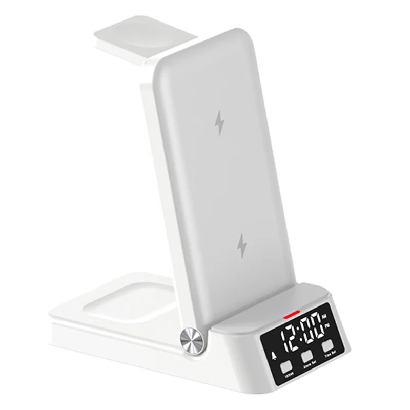 A60 4-in-1 15W Wireless Charger Folding Cell Phone Charging Stand with Clock Bluetooth-compatible Earbuds Smart Watch Charging Station (For Samsung Watch Version) - White