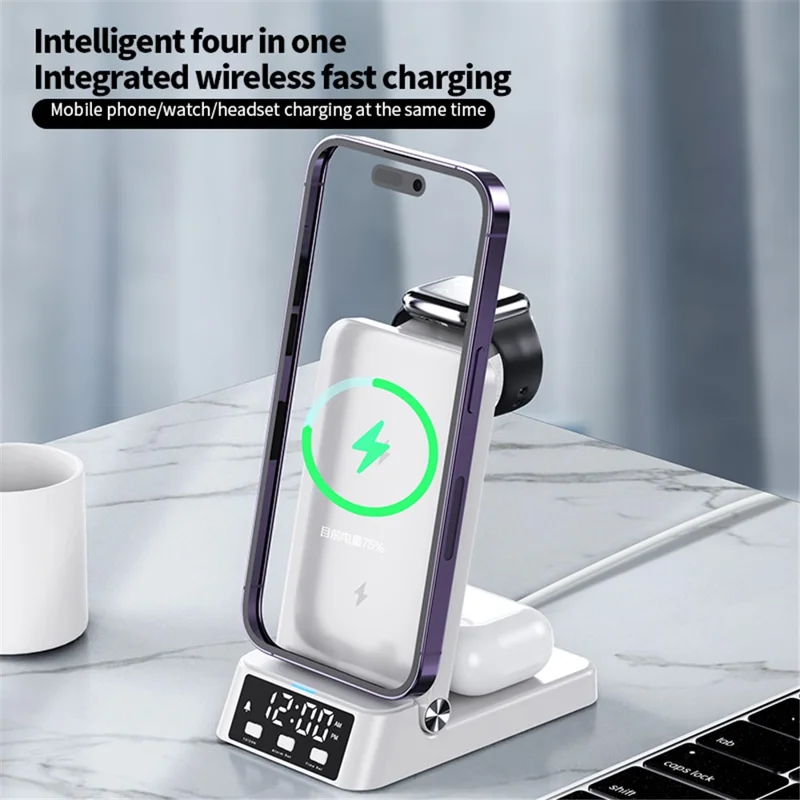 A60 4-in-1 15W Wireless Charger Folding Cell Phone Charging Stand with Clock Bluetooth-compatible Earbuds Smart Watch Charging Station (For Samsung Watch Version) - White