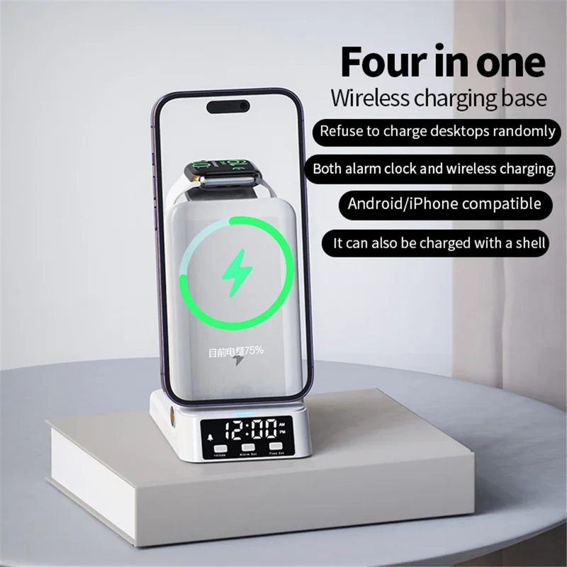 A60 4-in-1 15W Wireless Charger Folding Cell Phone Charging Stand with Clock Bluetooth-compatible Earbuds Smart Watch Charging Station (For Samsung Watch Version) - White