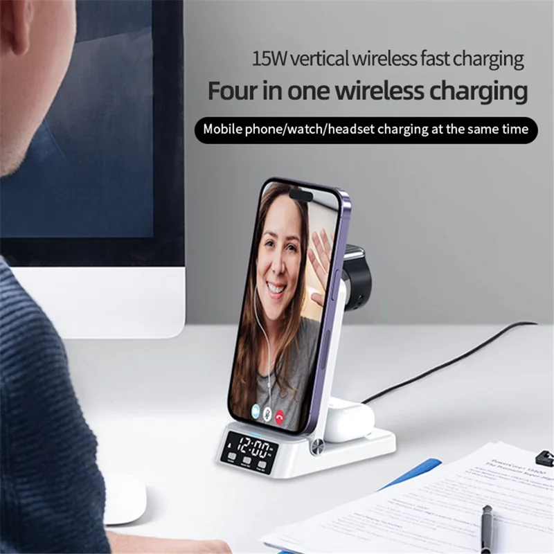 A60 4-in-1 15W Wireless Charger Folding Cell Phone Charging Stand with Clock Bluetooth-compatible Earbuds Smart Watch Charging Station (For Samsung Watch Version) - White