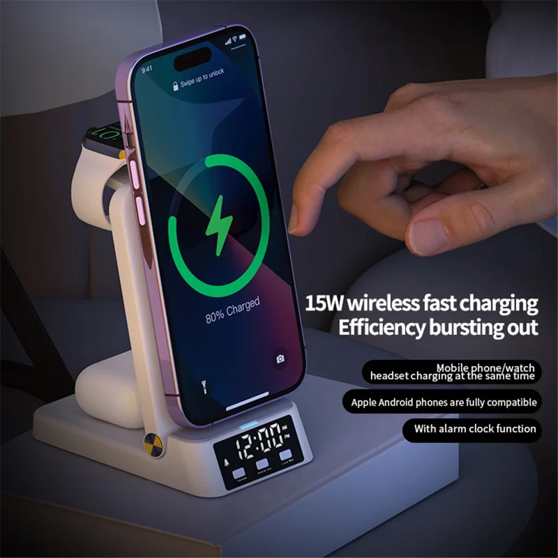 A60 4-in-1 15W Wireless Charger Folding Cell Phone Charging Stand with Clock Bluetooth-compatible Earbuds Smart Watch Charging Station (For Samsung Watch Version) - White