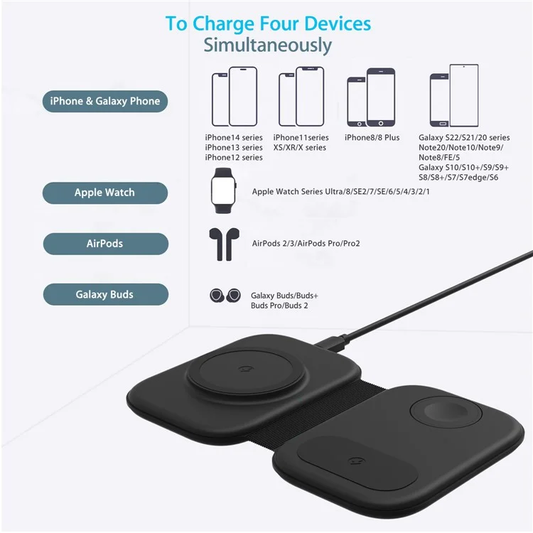 F20P Para iPhone / Apple Watch / AirPods / Samsung Galaxy Buds Cargador inalámbrico magnético plegable de 3 en 1 (Qi / CE Certificado) - Negro