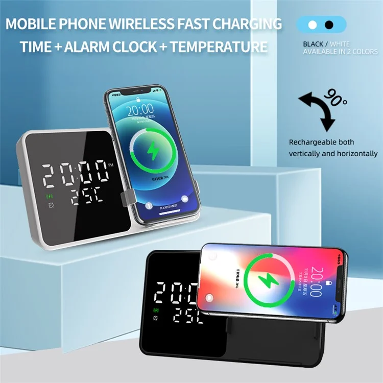 W5 Alarm Clock Multifunction 15W Wireless Charger Real-time Temperature Time Display Cell Phone Charger - Black