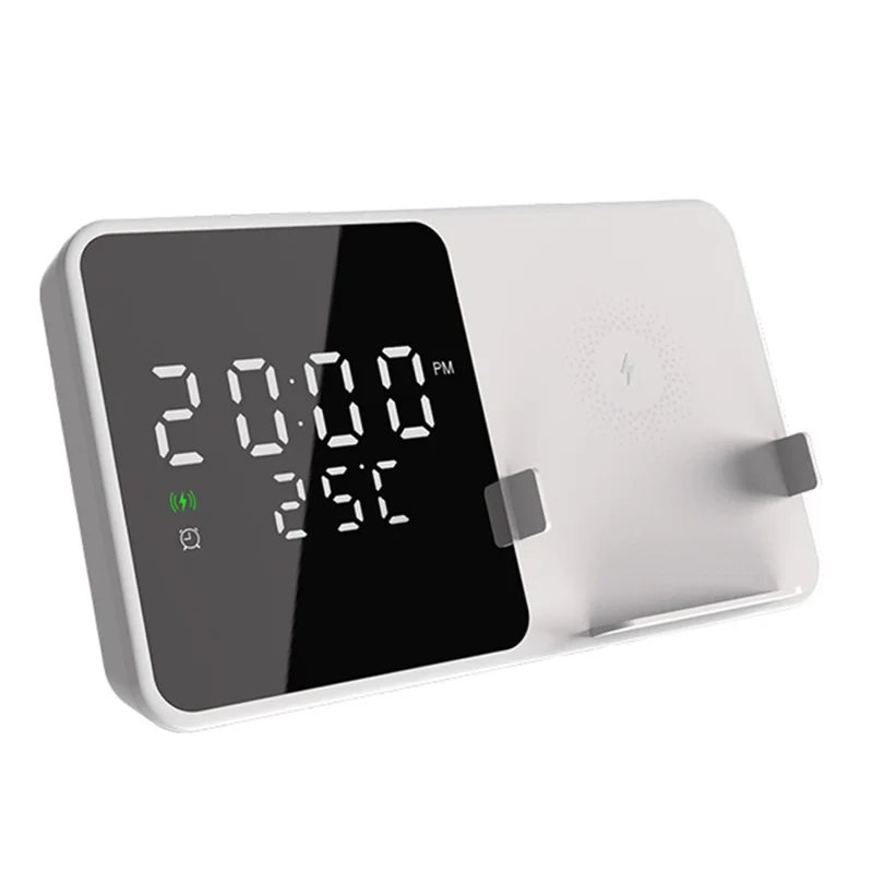 W5 Alarm Clock Multifunction 15W Wireless Charger Real-time Temperature Time Display Cell Phone Charger - White