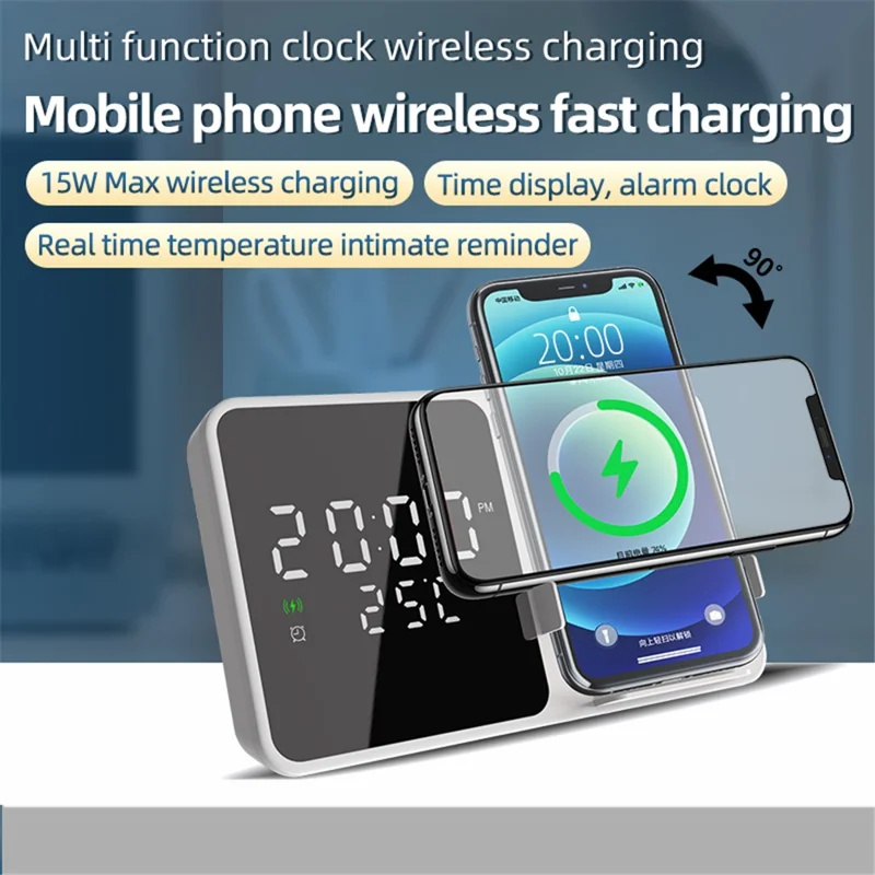 W5 Alarm Clock Multifunction 15W Wireless Charger Real-time Temperature Time Display Cell Phone Charger - White