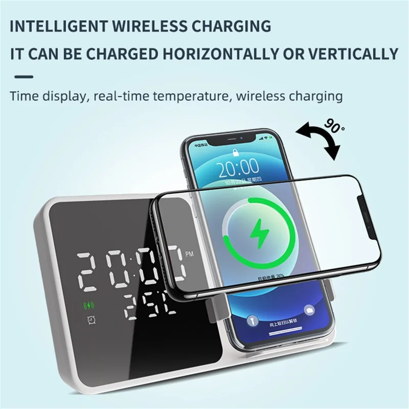 W5 Alarm Clock Multifunction 15W Wireless Charger Real-time Temperature Time Display Cell Phone Charger - White