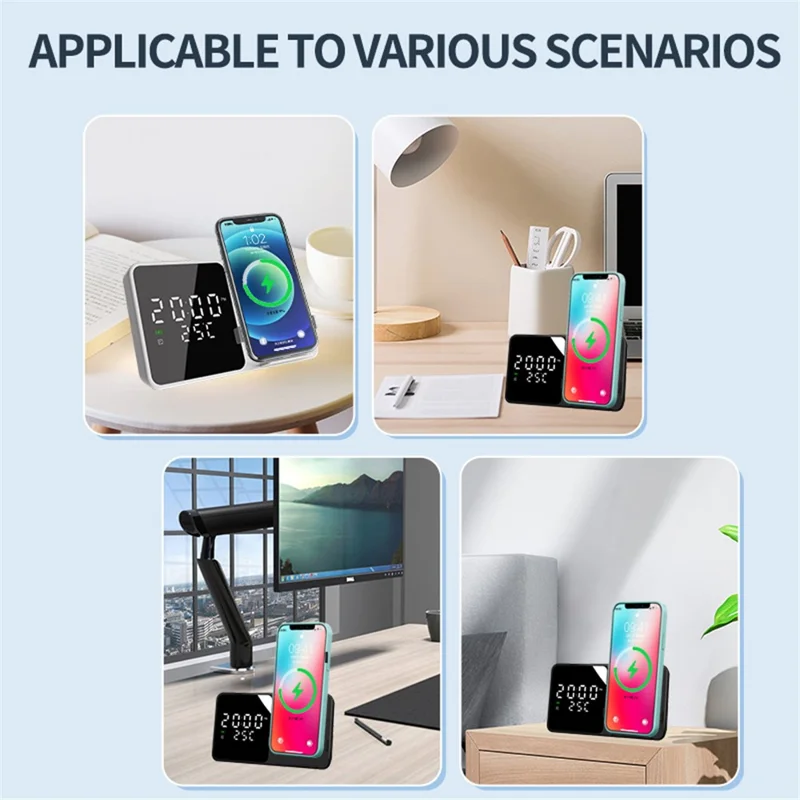 W5 Alarm Clock Multifunction 15W Wireless Charger Real-time Temperature Time Display Cell Phone Charger - White