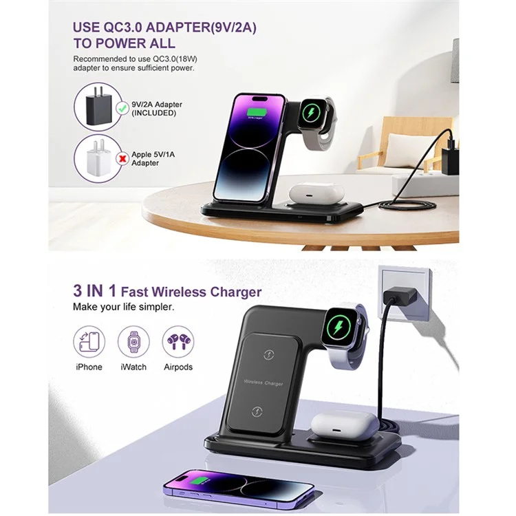 Q50A 3-in-1 Foldable Wireless Charger Desktop Phone Watch Earphone Fast Charging Dock Stand - Black