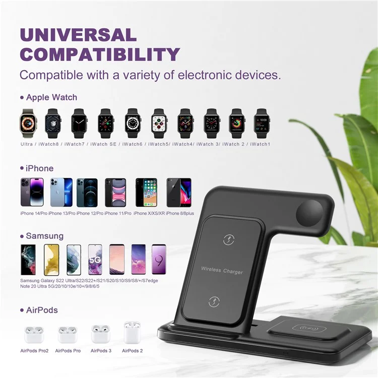 Q50A 3-in-1 Foldable Wireless Charger Desktop Phone Watch Earphone Fast Charging Dock Stand - Black