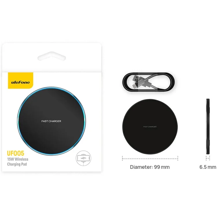 ULEFONE UF005 Carregador Sem Fio Redondo 15W Máx Carregador Sem Fio Rápido 6,5 mm Ultra Fino Compacto Carregador de Telefone