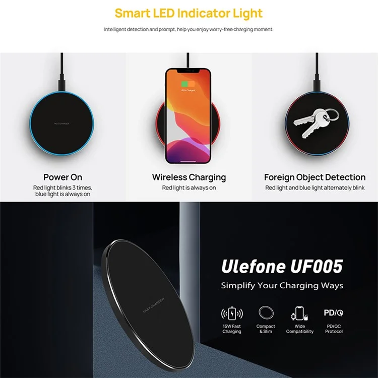 ULEFONE UF005 Carregador Sem Fio Redondo 15W Máx Carregador Sem Fio Rápido 6,5 mm Ultra Fino Compacto Carregador de Telefone