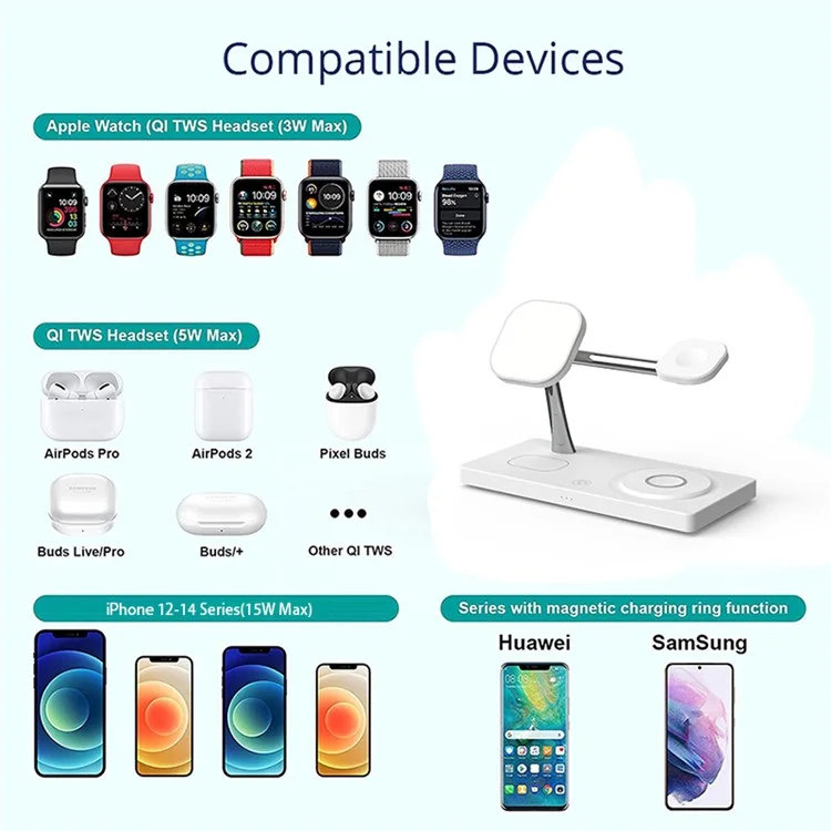 T218 Magnetische kabellose Ladestation mit Nachtlicht + USB-Ausgang für Mobiltelefon / Kopfhörer / Smartwatch - Weiß