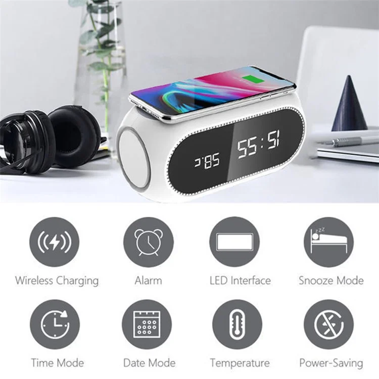 W288 ABS Temperature Date Display Digital Alarm Clock 15W Wireless Charger - Black