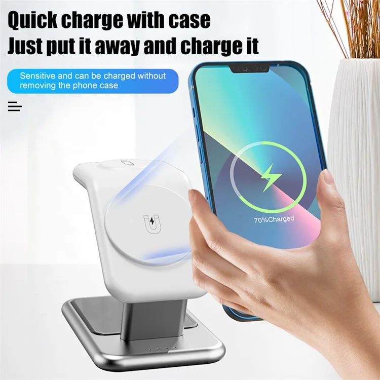 Y10 Chargeur sans fil magnétique 3-en-1 15W, pour la série iPhone 12/13/14, iWatch, AirPods Socle de charge de bureau en alliage + PC - Blanc