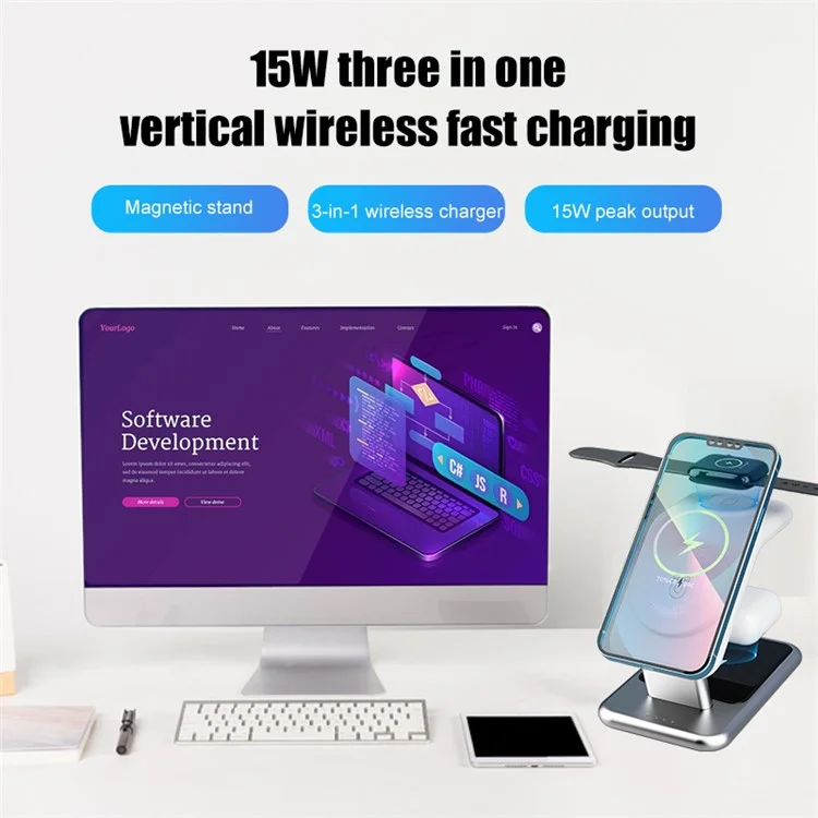 Y10 3-in-1 15W Magnetic Wireless Charger, for iPhone 12  /  13  /  14 Series  /  iWatch  /  AirPods Alloy+PC Desktop Charging Stand - White