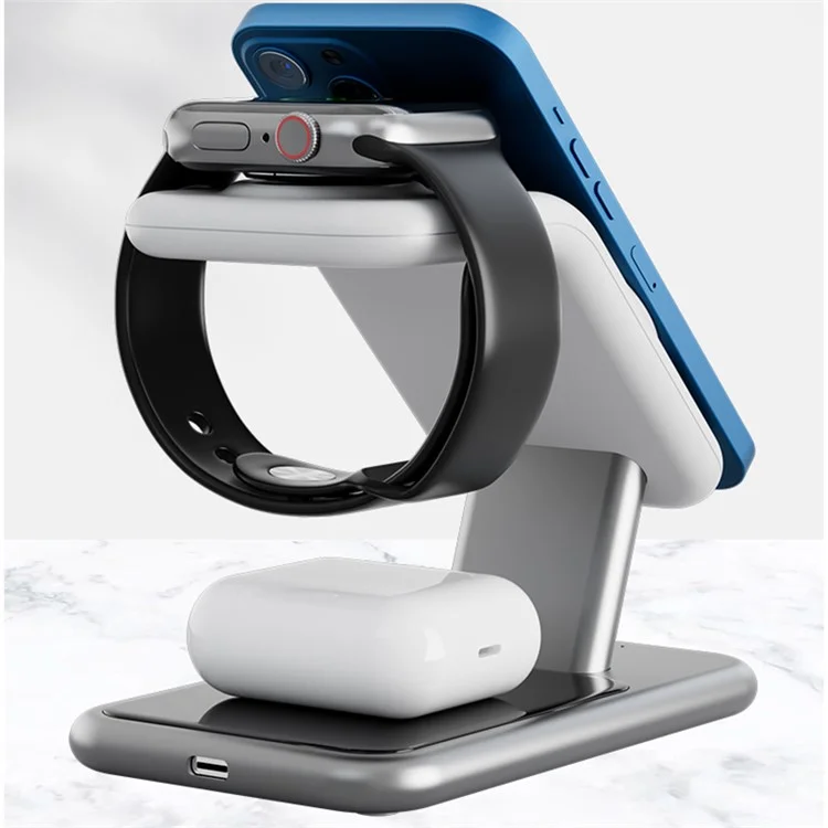 Y10 Chargeur sans fil magnétique 3-en-1 15W, pour la série iPhone 12/13/14, iWatch, AirPods Socle de charge de bureau en alliage + PC - Blanc
