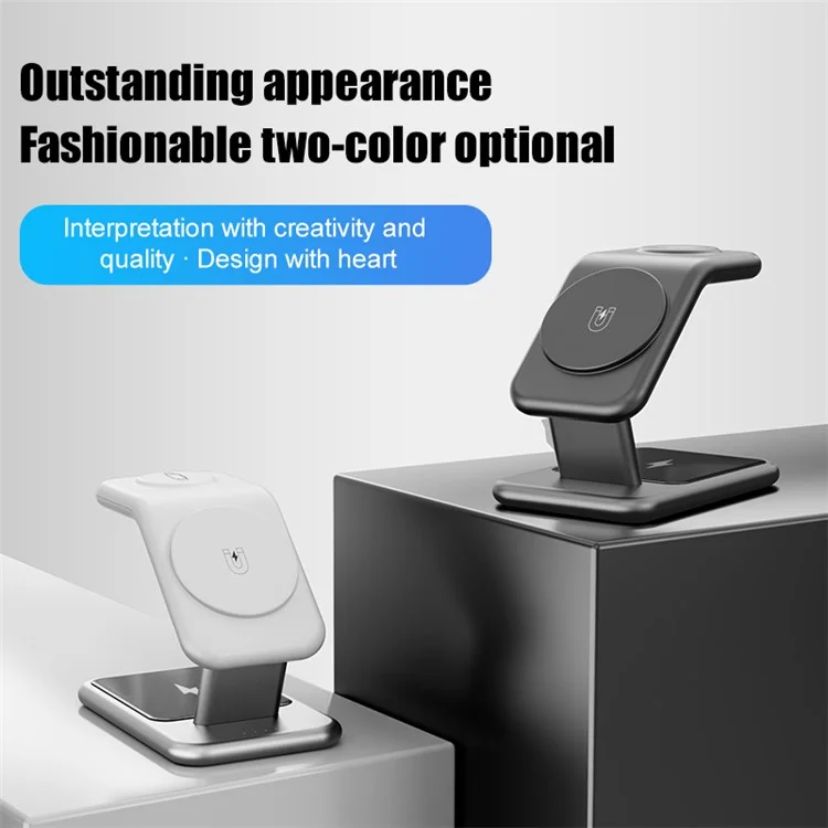 Y10 Chargeur sans fil magnétique 3-en-1 15W, pour la série iPhone 12/13/14, iWatch, AirPods Socle de charge de bureau en alliage + PC - Blanc