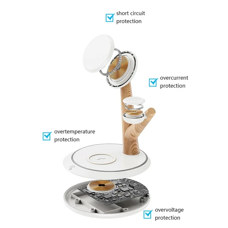 TH02 Tree Branch Design 3-in-1 15W Cargador Inalámbrico Magnético, Para Iwatch / Airpods / pc de Teléfono Celular+soporte de Carga de Escritorio Abs - Blanco / Color de Madera