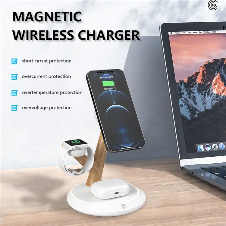 TH02 Tree Branch Design 3-em 1 Charger Sem Fio Magnético de 15w, Para Iwatch / AirPods / Pc+stand de Carregamento de Desktop PC+ABS - Branco / Cor de Madeira