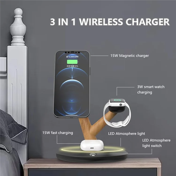 Chargeur sans fil magnétique 3 en 1 de 15 W avec support de bureau au design de branche d'arbre - Noir / Argenté plaqué