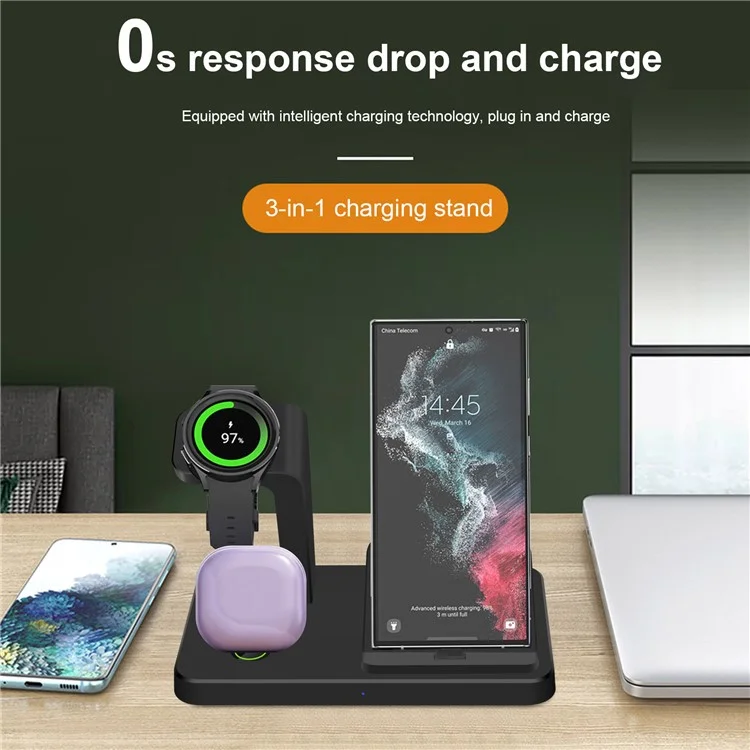 Soporte de carga vertical 3 en 1 para teléfono Samsung, auriculares y reloj - Negro