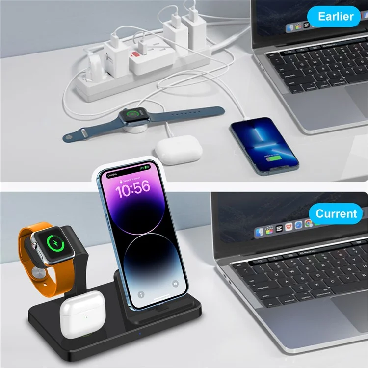 For iPhone 3-in-1 Vertical Charging Stand Watch Wireless Charger Phone Headset ABS Charging Bracket - Black