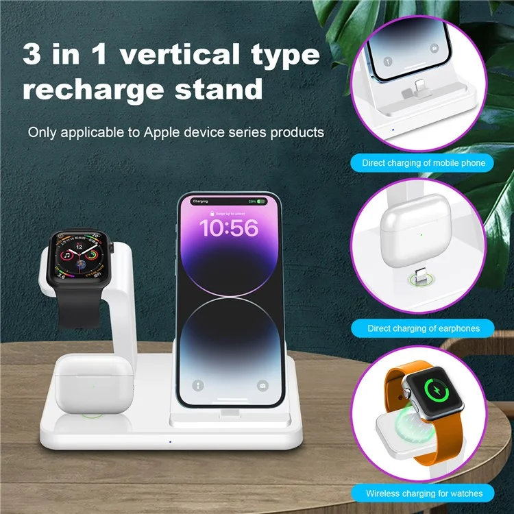 For iPhone 3-in-1 Vertical Charging Stand Watch Wireless Charger Phone Headset ABS Charging Bracket - Black