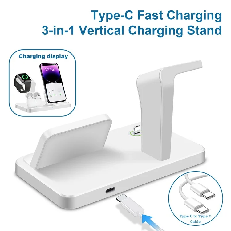 For iPhone 3-in-1 Vertical Charging Stand Watch Wireless Charger Phone Headset ABS Charging Bracket - Black