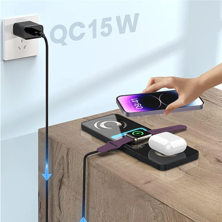 A003 3-in-1 15W Wireless Charger Tragbare Aufladeplatte für iPhone-Serie, iWatch, AirPods Ladestation