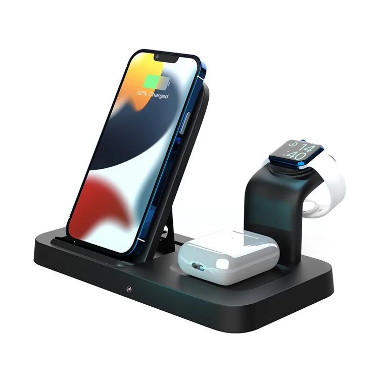 A002 15W Wireless Charger Portable 3-in-1 Folding Charging Stand for iPhone Series, iWatch, AirPods Charging Station - Black