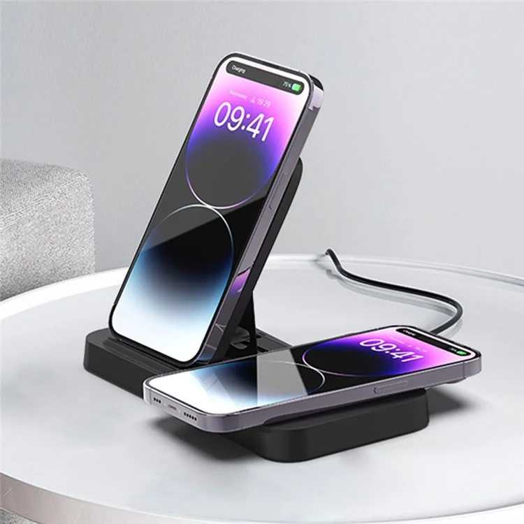 A002 15W Wireless Charger Portable 3-in-1 Folding Charging Stand for iPhone Series, iWatch, AirPods Charging Station - Black