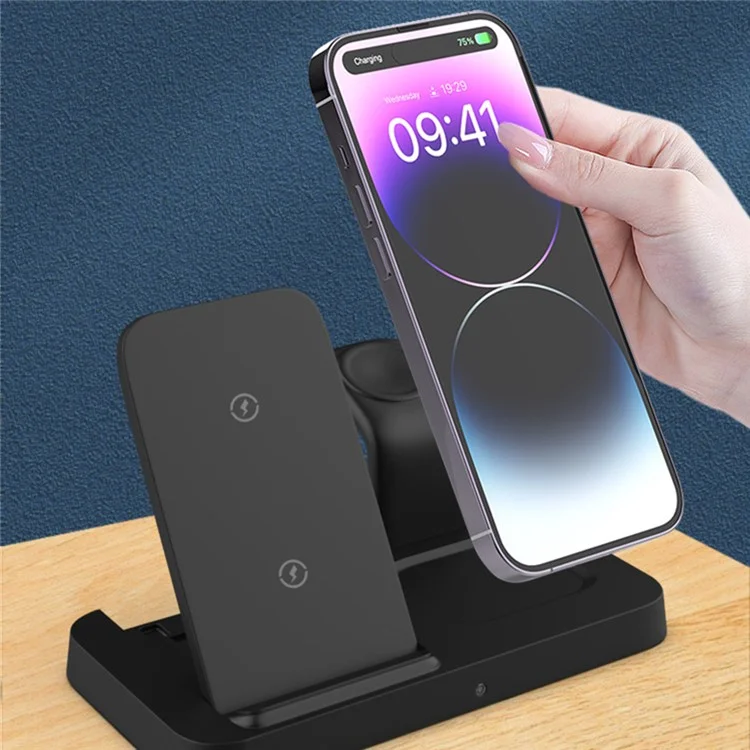 A002 15W Wireless Charger Portable 3-in-1 Folding Charging Stand for iPhone Series, iWatch, AirPods Charging Station - Black