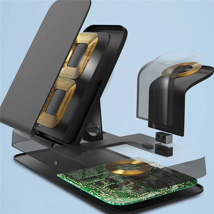 A002 15W Wireless Charger Portable 3-in-1 Folding Charging Stand for iPhone Series, iWatch, AirPods Charging Station - Black