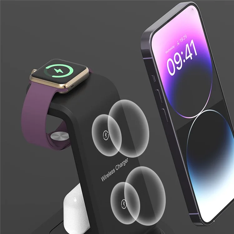 A001-D Stazione di ricarica desktop 3 in 1 con connettore Lightning per iPhone, iWatch, caricatore wireless per AirPods
