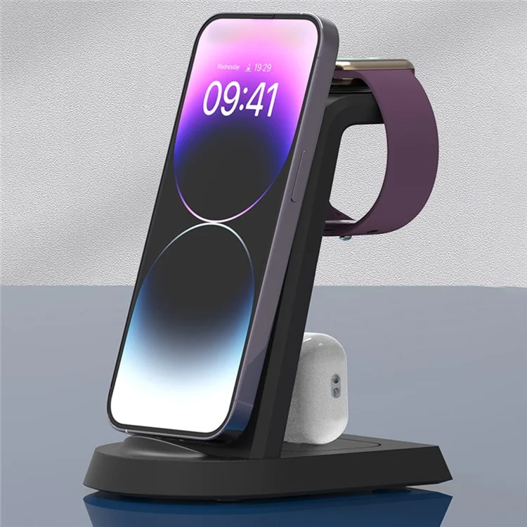 A001-D Stazione di ricarica desktop 3 in 1 con connettore Lightning per iPhone, iWatch, caricatore wireless per AirPods