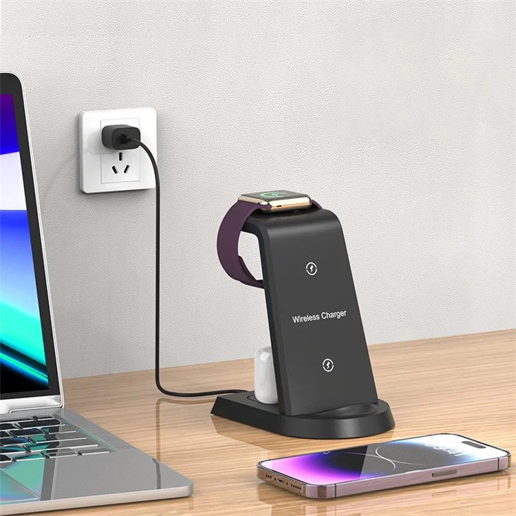 A001-D Stazione di ricarica desktop 3 in 1 con connettore Lightning per iPhone, iWatch, caricatore wireless per AirPods