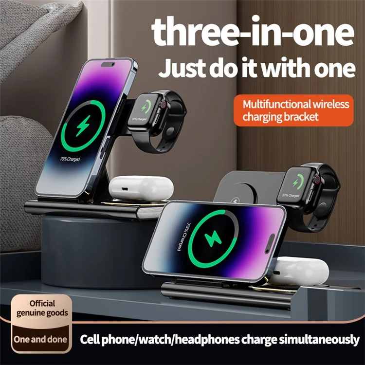 JJT-A80 3-in-1 Desktop Foldable Wireless Charger Phone Watch Earphone Charging Stand with Night Light - White