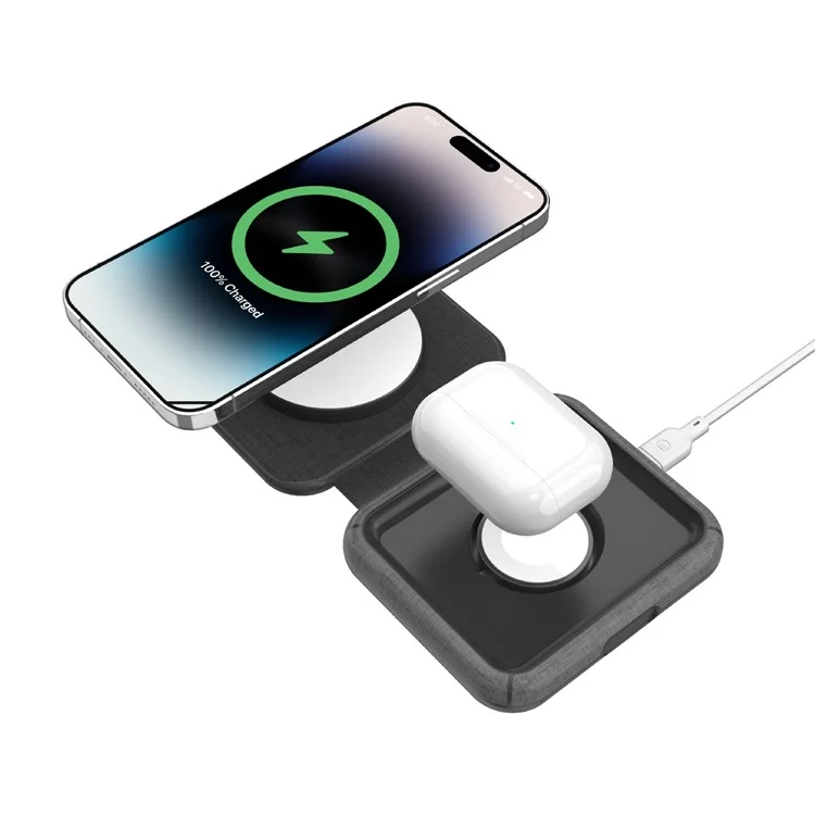 MOMAX Q.Mag Go Chargeur sans fil magnétique pliable 2-en-1 20 W, Chargeur portable pour téléphone pour iWatch (certifié MFM + MFW, gris foncé)