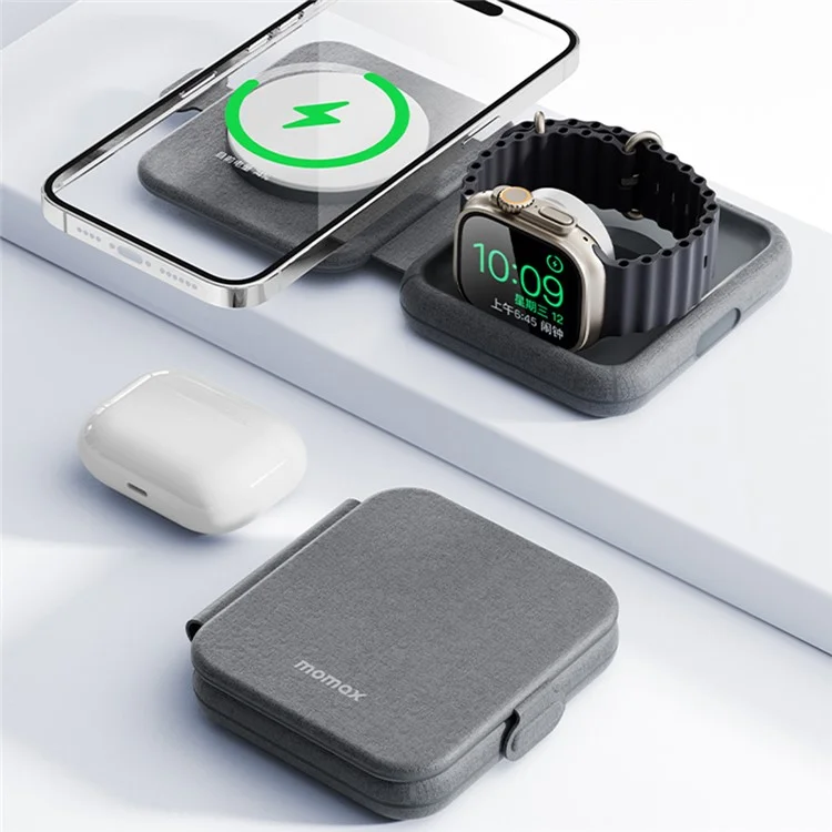 MOMAX Q.Mag Go Chargeur sans fil magnétique pliable 2-en-1 20 W, Chargeur portable pour téléphone pour iWatch (certifié MFM + MFW, gris foncé)
