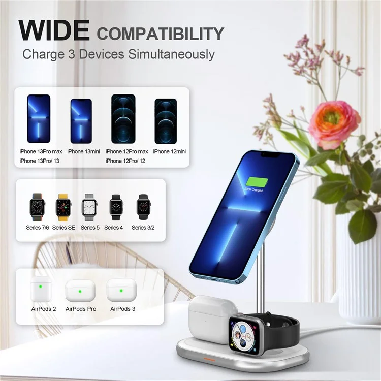 W32 Desktop 3-in-1 Magnetisches Kabelloses Ladegerät für Telefon, Uhr, Headset 15W Schnellladegerät Stand