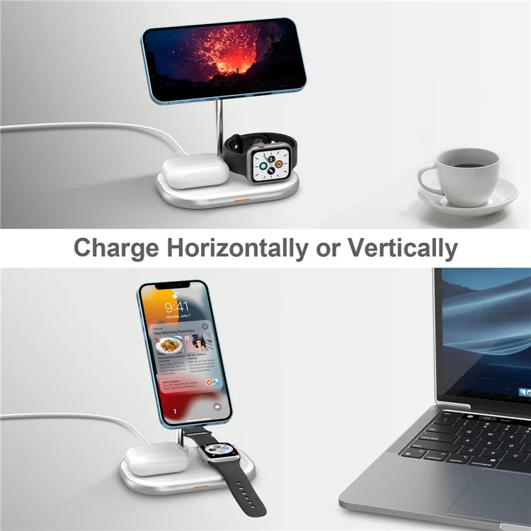 W32 Desktop 3-in-1 Magnetisches Kabelloses Ladegerät für Telefon, Uhr, Headset 15W Schnellladegerät Stand