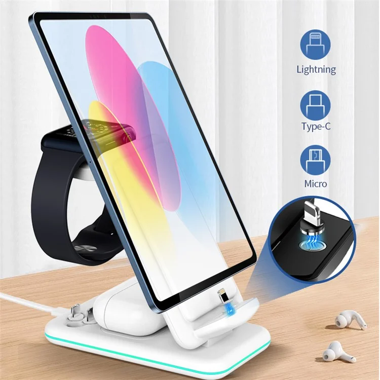 V15 3-in-1 Folding Wireless Charger for Mobile Phone / Headset / Watch 15W Max Charging Station - White