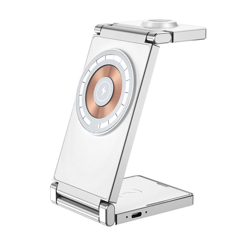 T30 4 in 1 Wireless Charging Station Stand Multifunctional Folding Magnetic Charger Cordless for Cell Phone Watch Headset - White