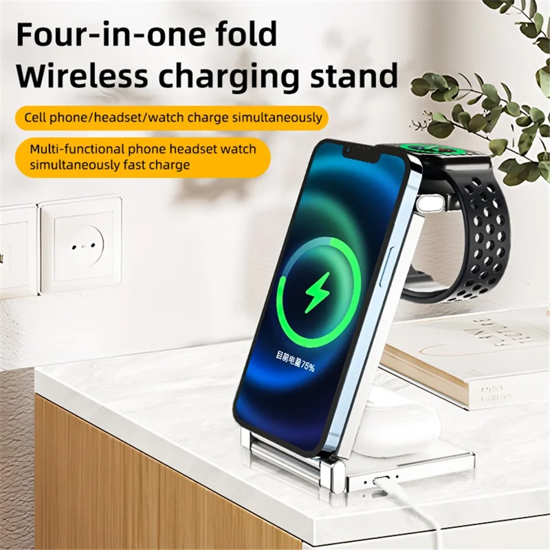 T30 4 in 1 Wireless Charging Station Stand Multifunctional Folding Magnetic Charger Cordless for Cell Phone Watch Headset - White
